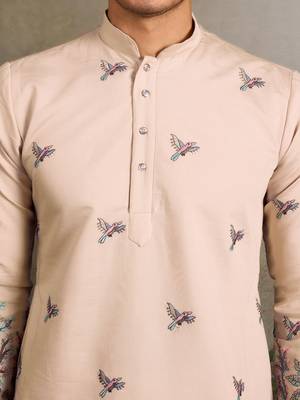 BEIGE VISCOSE SILK THREAD & SEQUINS EMBROIDERED WORK WEDDING FESTIVAL MARRIAGE PARTY WEAR STRAIGHT MENS KURTA 4