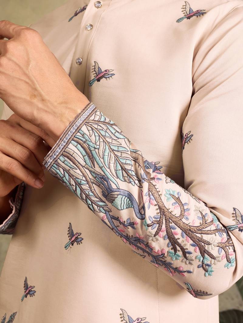 Beige viscose silk thread & sequins embroidered work wedding festival marriage party wear straight mens kurta