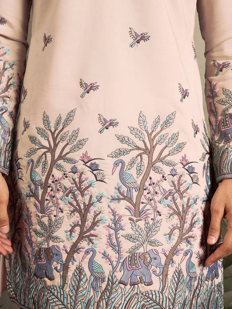 Beige viscose silk thread & sequins embroidered work wedding festival marriage party wear straight mens kurta