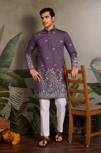 Purple viscose silk thread & sequins embroidered work wedding festival marriage party wear straight mens kurta