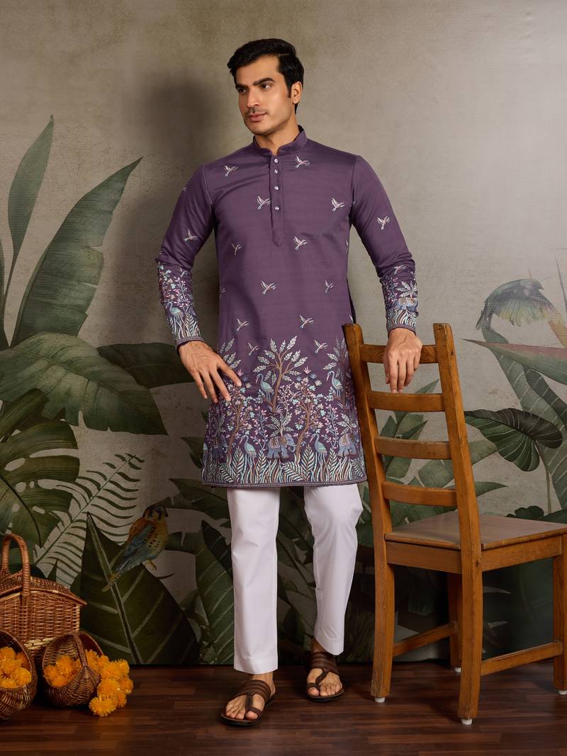 Purple viscose silk thread & sequins embroidered work wedding festival marriage party wear straight mens kurta