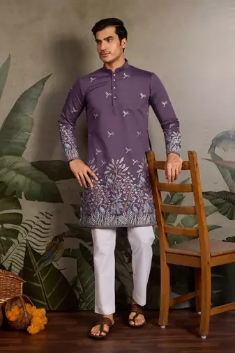 Purple viscose silk thread & sequins embroidered work wedding festival marriage party wear straight mens kurta