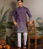 Purple viscose silk thread & sequins embroidered work wedding festival marriage party wear straight mens kurta