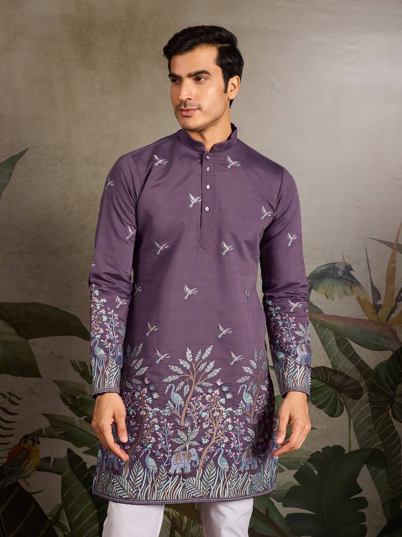 Purple viscose silk thread & sequins embroidered work wedding festival marriage party wear straight mens kurta