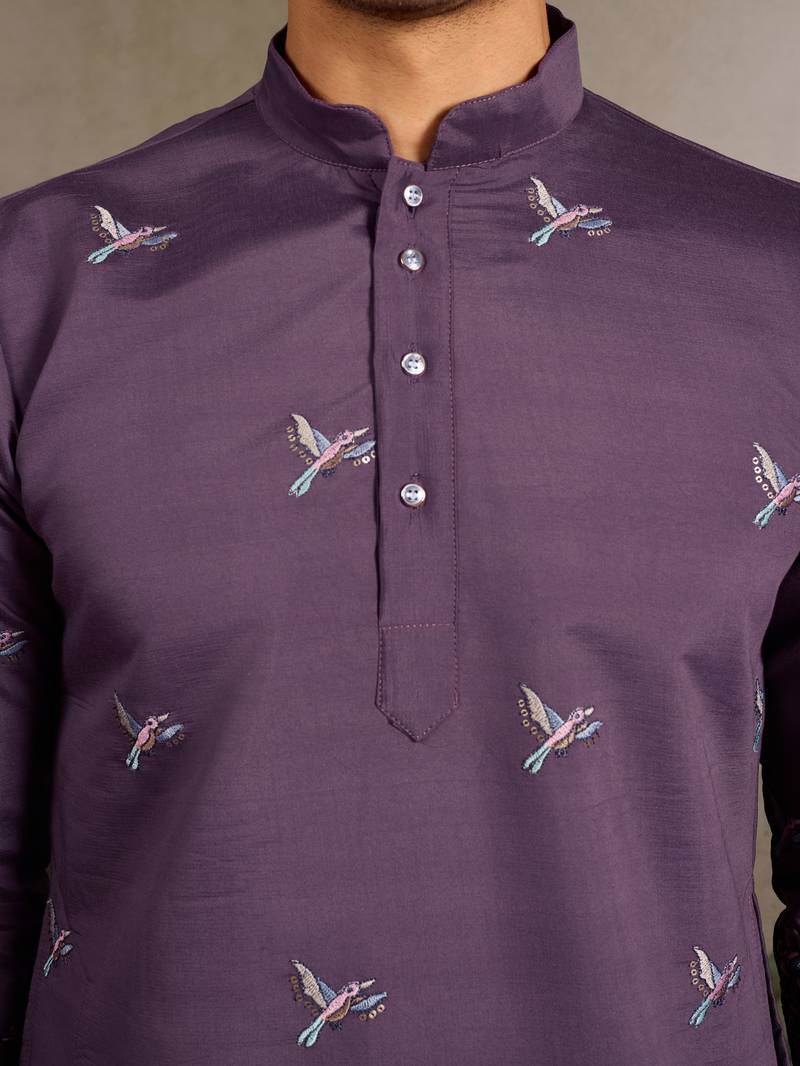 Purple viscose silk thread & sequins embroidered work wedding festival marriage party wear straight mens kurta