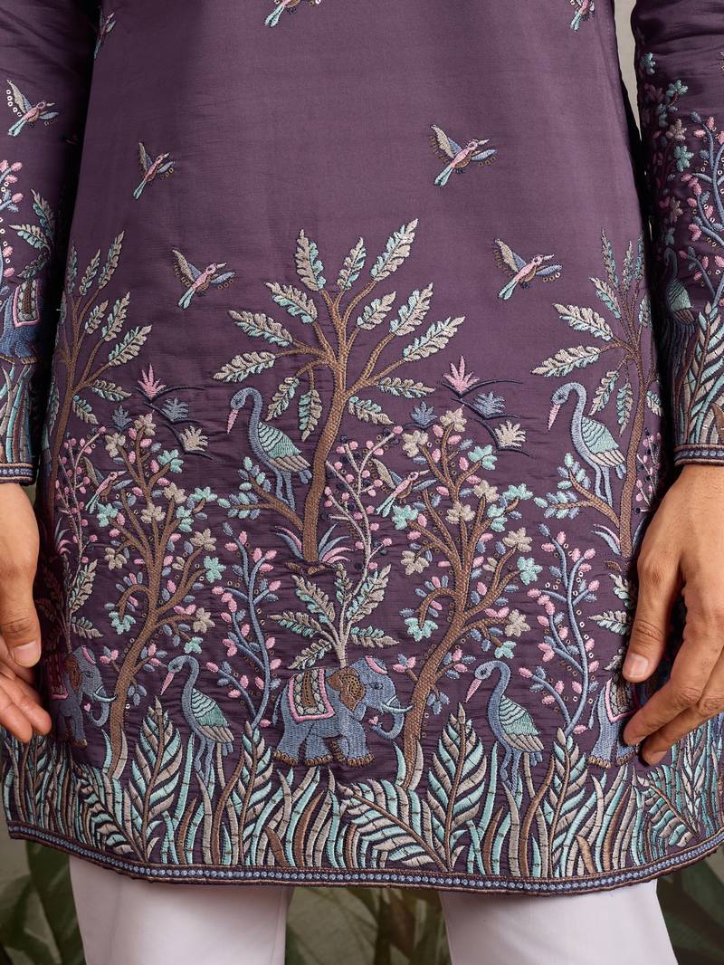 Purple viscose silk thread & sequins embroidered work wedding festival marriage party wear straight mens kurta