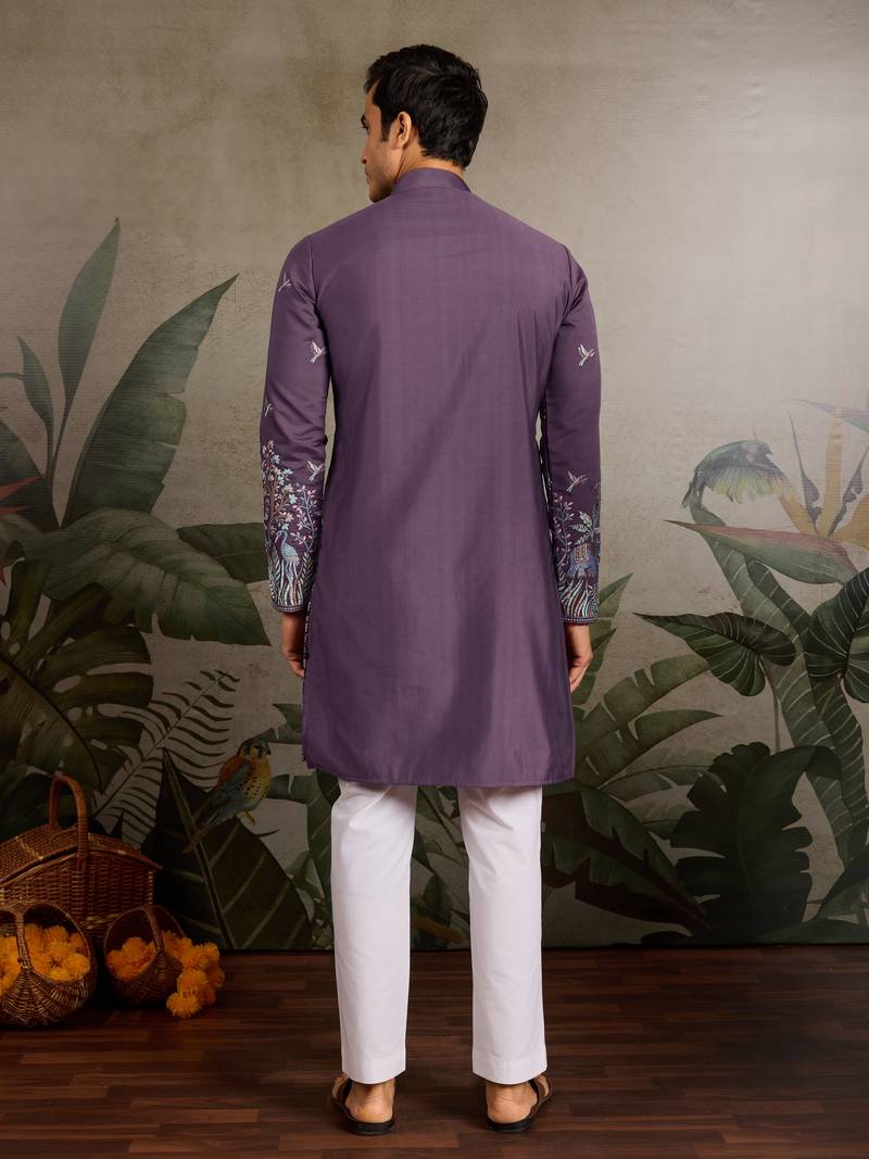Purple viscose silk thread & sequins embroidered work wedding festival marriage party wear straight mens kurta