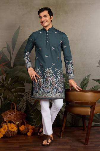 Teal green viscose silk thread & sequins embroidered work wedding festival marriage party wear straight mens kurta