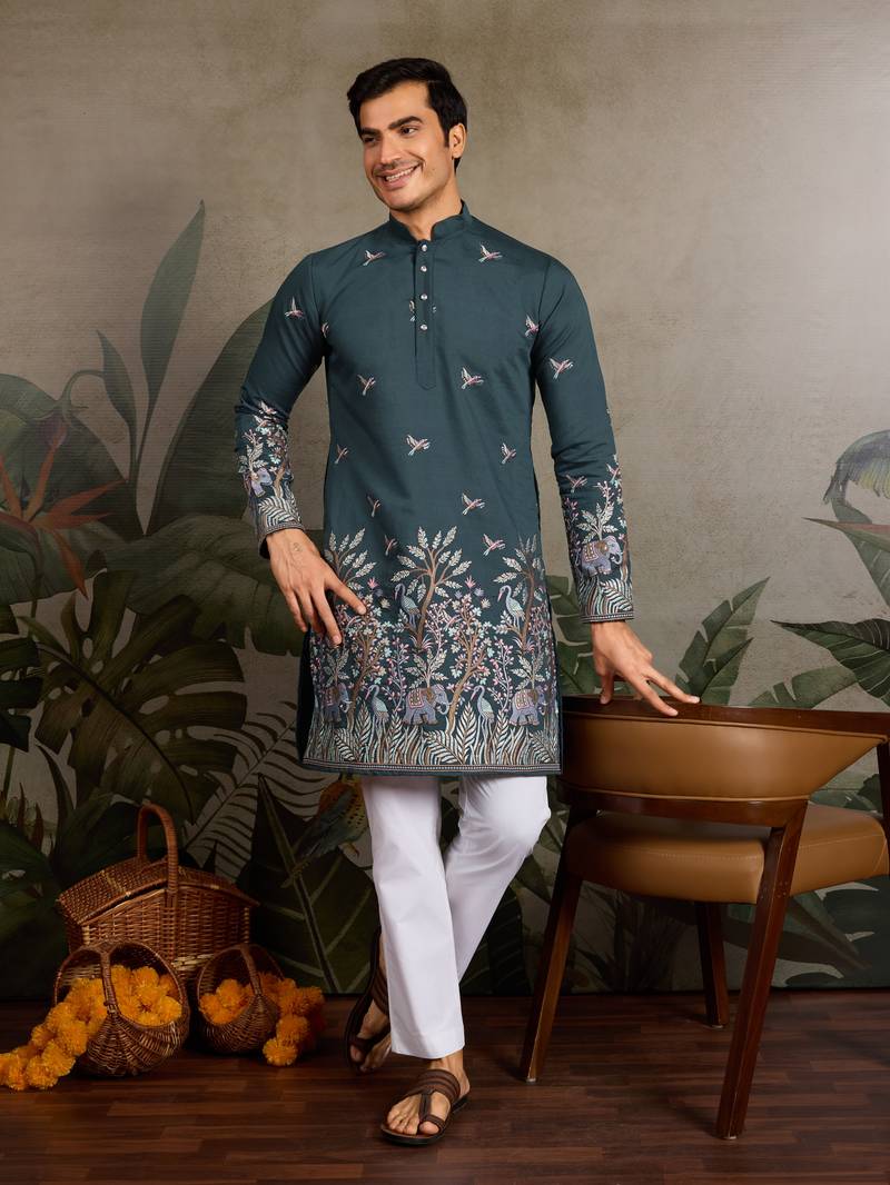 Teal green viscose silk thread & sequins embroidered work wedding festival marriage party wear straight mens kurta