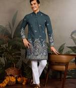 Teal green viscose silk thread & sequins embroidered work wedding festival marriage party wear straight mens kurta