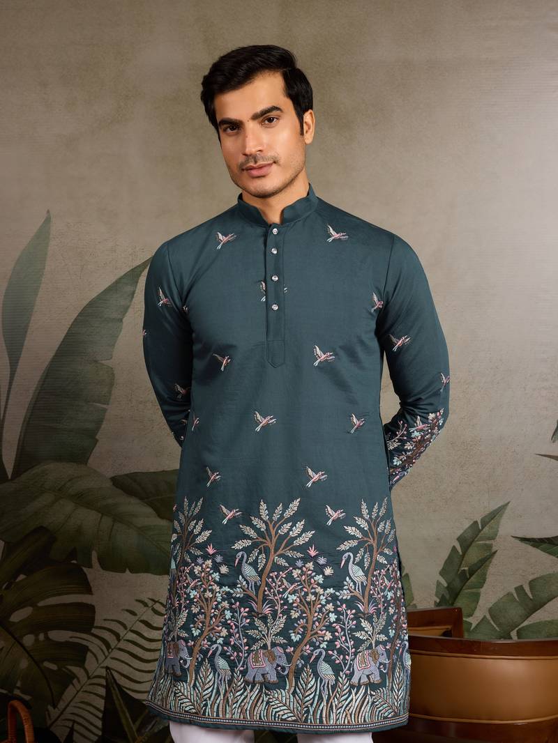 Teal green viscose silk thread & sequins embroidered work wedding festival marriage party wear straight mens kurta