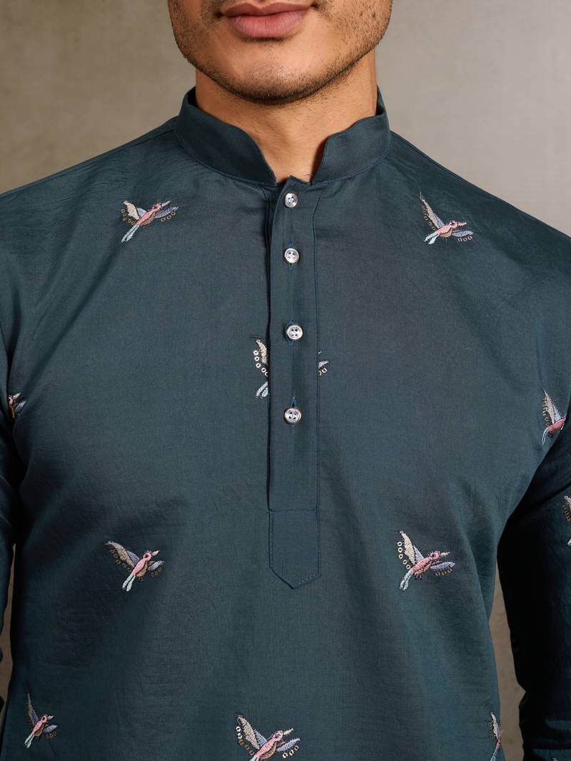 Teal green viscose silk thread & sequins embroidered work wedding festival marriage party wear straight mens kurta