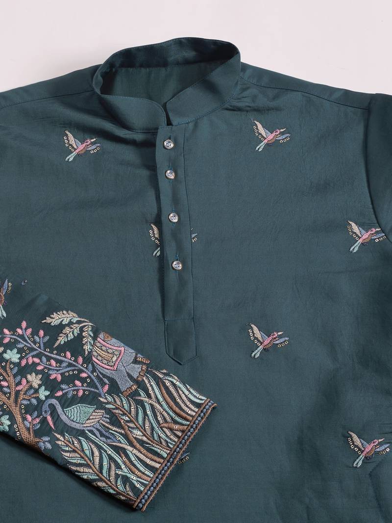 Teal green viscose silk thread & sequins embroidered work wedding festival marriage party wear straight mens kurta