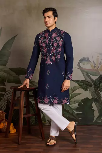 Navy blue viscose silk real mirror with thread sequins embroidered work wedding festival party wear straight mens kurta