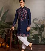 Navy blue viscose silk real mirror with thread sequins embroidered work wedding festival party wear straight mens kurta