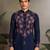 Navy blue viscose silk real mirror with thread sequins embroidered work wedding festival party wear straight mens kurta