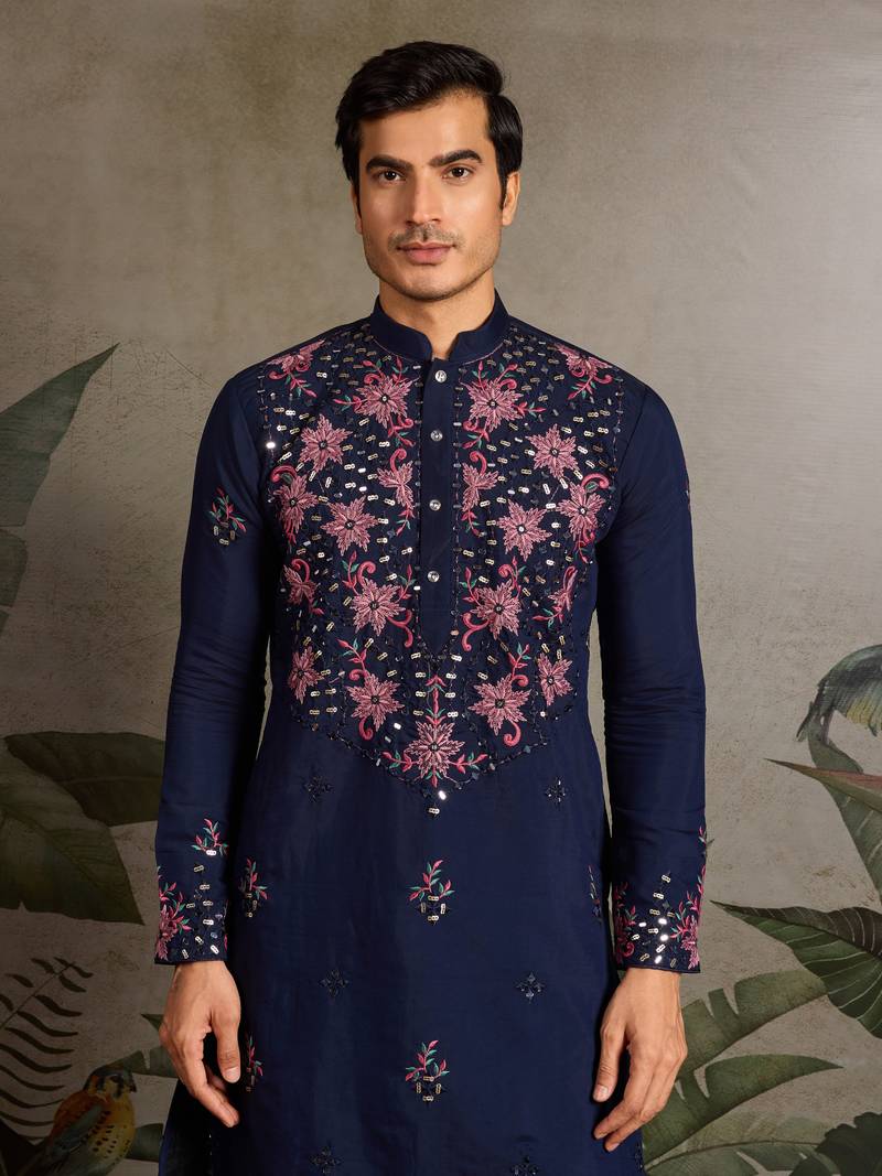 Navy blue viscose silk real mirror with thread sequins embroidered work wedding festival party wear straight mens kurta