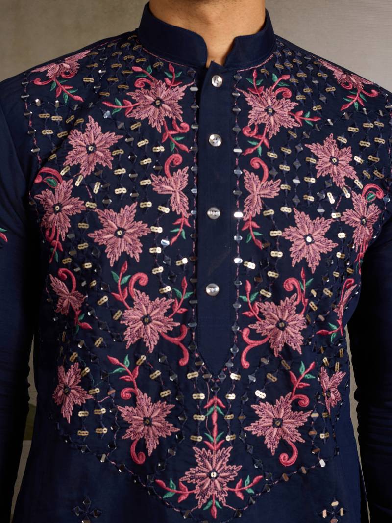 Navy blue viscose silk real mirror with thread sequins embroidered work wedding festival party wear straight mens kurta