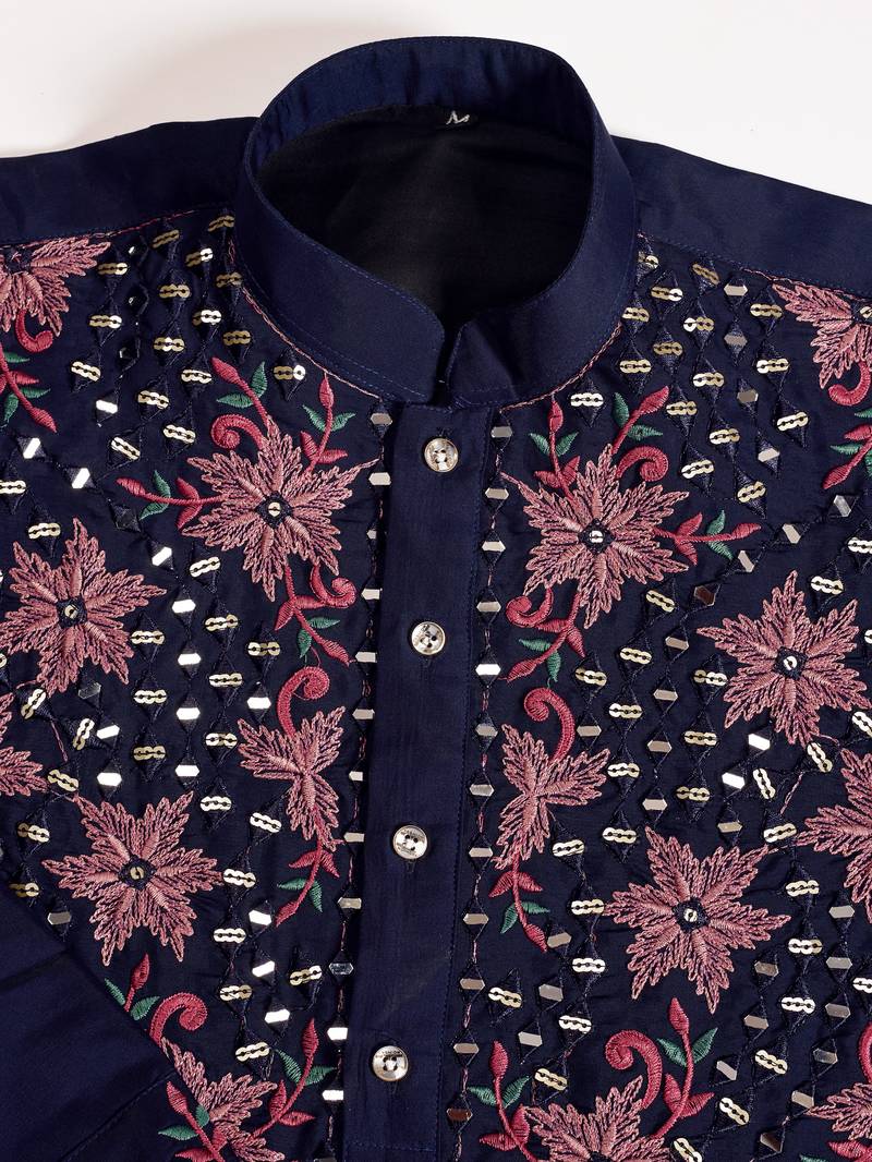 Navy blue viscose silk real mirror with thread sequins embroidered work wedding festival party wear straight mens kurta