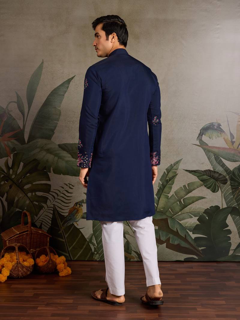 Navy blue viscose silk real mirror with thread sequins embroidered work wedding festival party wear straight mens kurta