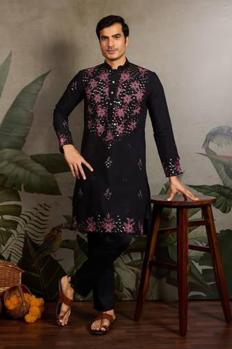 Black viscose silk real mirror with thread & sequins embroidered work wedding festival party wear straight mens kurta