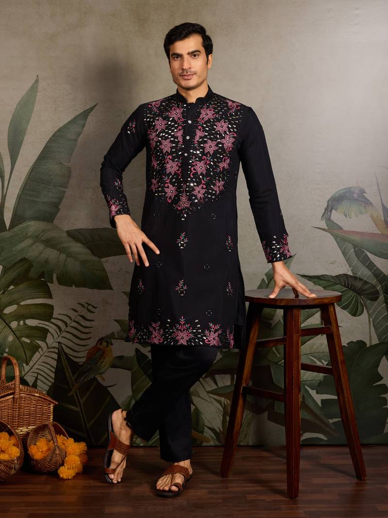 Black viscose silk real mirror with thread & sequins embroidered work wedding festival party wear straight mens kurta