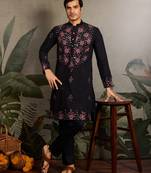 Black viscose silk real mirror with thread & sequins embroidered work wedding festival party wear straight mens kurta