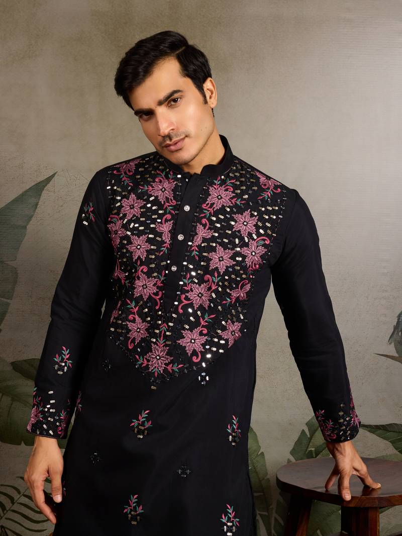 Black viscose silk real mirror with thread & sequins embroidered work wedding festival party wear straight mens kurta