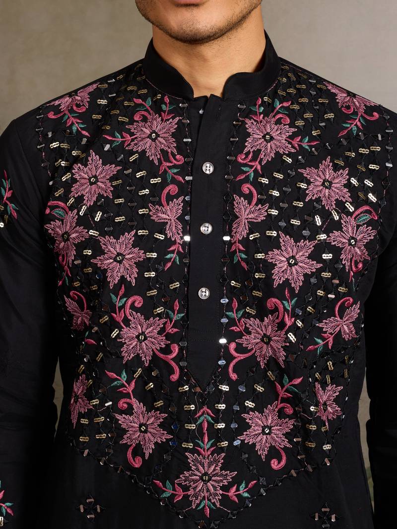 Black viscose silk real mirror with thread & sequins embroidered work wedding festival party wear straight mens kurta
