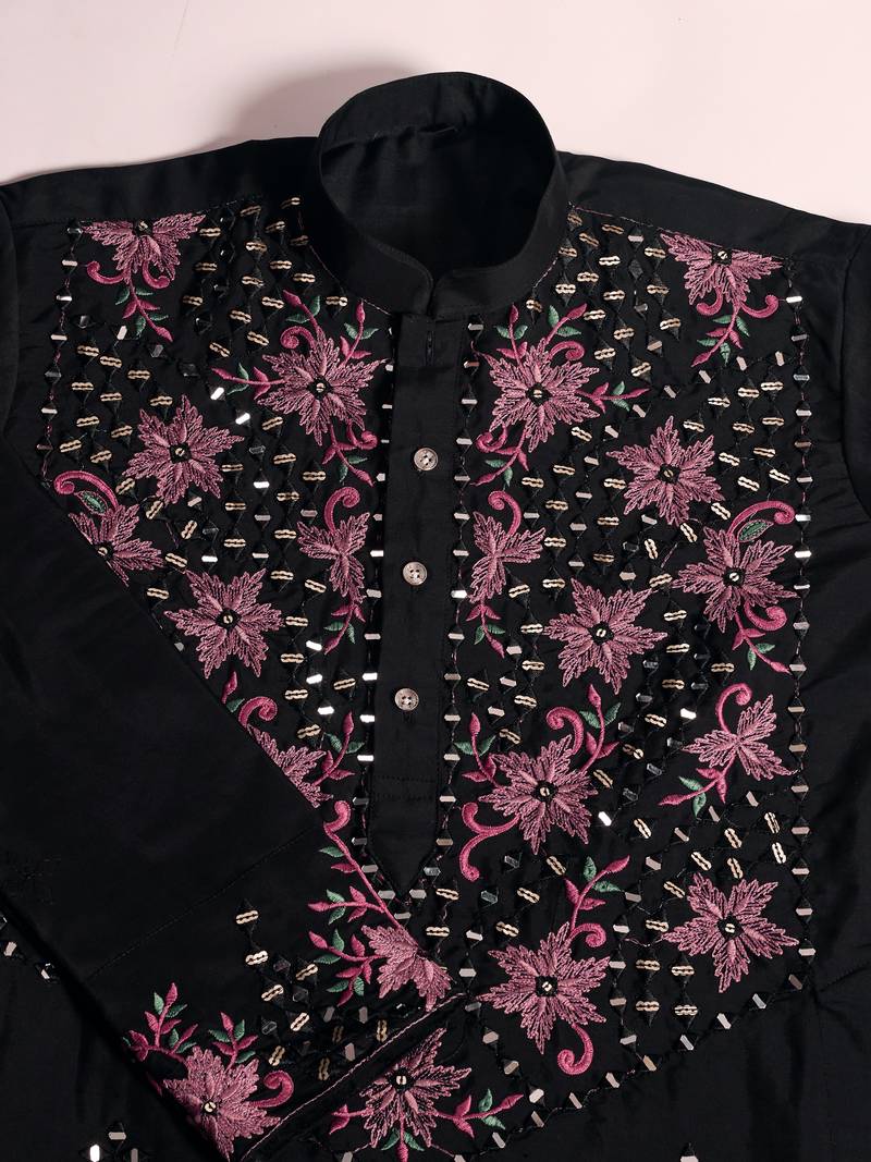 Black viscose silk real mirror with thread & sequins embroidered work wedding festival party wear straight mens kurta