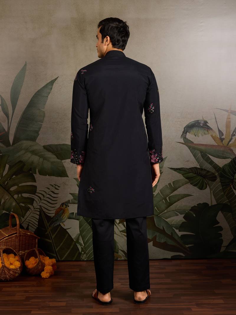 Black viscose silk real mirror with thread & sequins embroidered work wedding festival party wear straight mens kurta