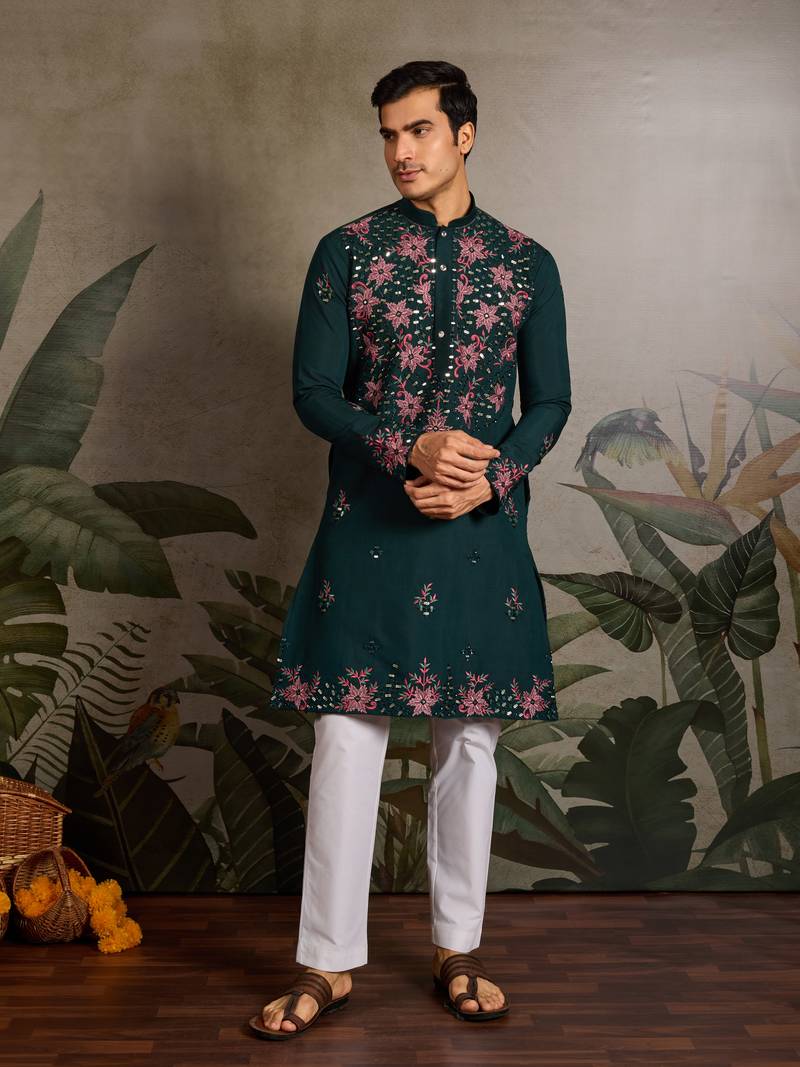 Green viscose silk real mirror with thread & sequins embroidered work wedding festival party wear straight mens kurta