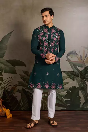 Green viscose silk real mirror with thread & sequins embroidered work wedding festival party wear straight mens kurta