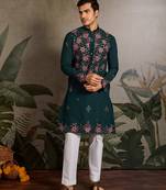 Green viscose silk real mirror with thread & sequins embroidered work wedding festival party wear straight mens kurta