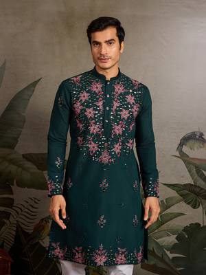 GREEN VISCOSE SILK REAL MIRROR WITH THREAD & SEQUINS EMBROIDERED WORK WEDDING FESTIVAL PARTY WEAR STRAIGHT MENS KURTA 3