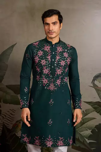 GREEN VISCOSE SILK REAL MIRROR WITH THREAD & SEQUINS EMBROIDERED WORK WEDDING FESTIVAL PARTY WEAR STRAIGHT MENS KURTA