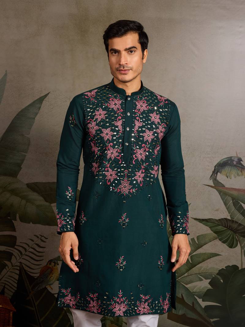 Green viscose silk real mirror with thread & sequins embroidered work wedding festival party wear straight mens kurta