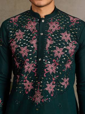 GREEN VISCOSE SILK REAL MIRROR WITH THREAD & SEQUINS EMBROIDERED WORK WEDDING FESTIVAL PARTY WEAR STRAIGHT MENS KURTA 4