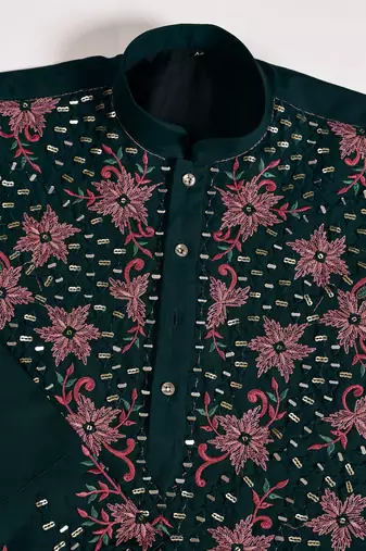 GREEN VISCOSE SILK REAL MIRROR WITH THREAD & SEQUINS EMBROIDERED WORK WEDDING FESTIVAL PARTY WEAR STRAIGHT MENS KURTA