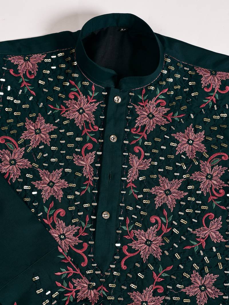 Green viscose silk real mirror with thread & sequins embroidered work wedding festival party wear straight mens kurta