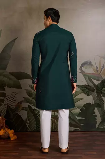 GREEN VISCOSE SILK REAL MIRROR WITH THREAD & SEQUINS EMBROIDERED WORK WEDDING FESTIVAL PARTY WEAR STRAIGHT MENS KURTA