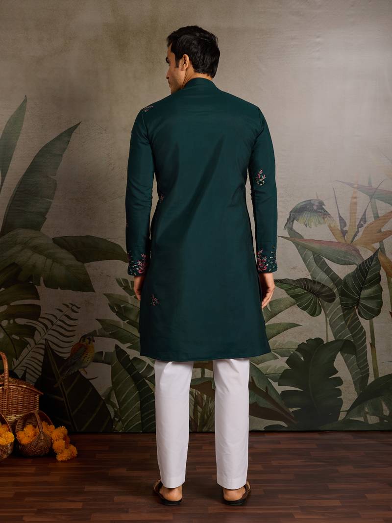 Green viscose silk real mirror with thread & sequins embroidered work wedding festival party wear straight mens kurta