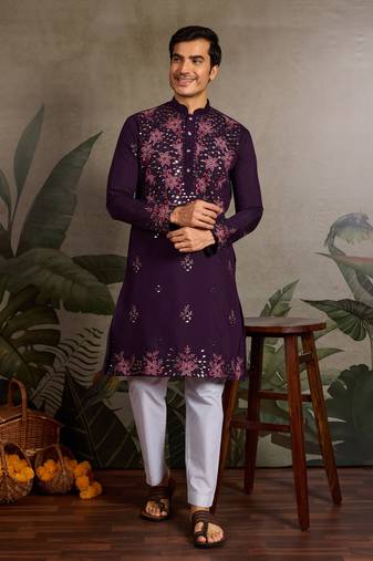 Purple viscose silk real mirror with thread & sequins embroidered work festival marriage party wear straight mens kurta