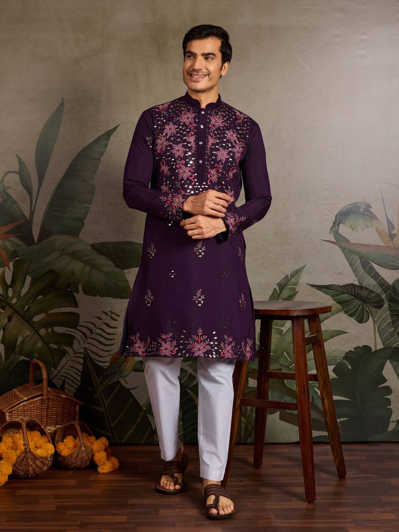 Purple viscose silk real mirror with thread & sequins embroidered work festival marriage party wear straight mens kurta