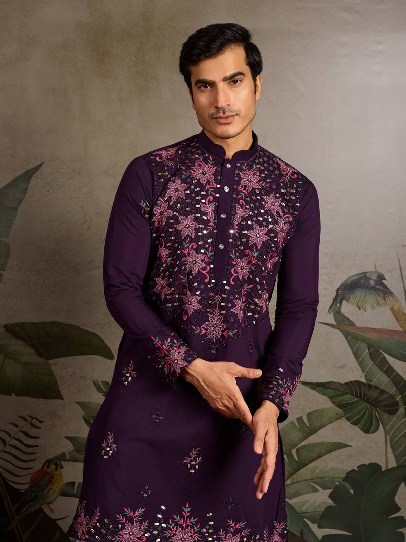 Purple viscose silk real mirror with thread & sequins embroidered work festival marriage party wear straight mens kurta