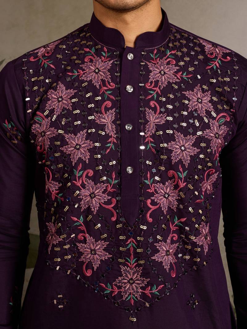 Purple viscose silk real mirror with thread & sequins embroidered work festival marriage party wear straight mens kurta
