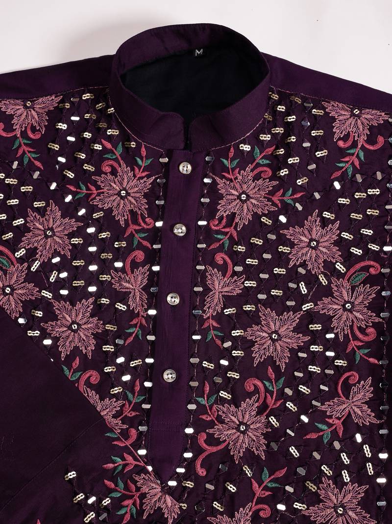 Purple viscose silk real mirror with thread & sequins embroidered work festival marriage party wear straight mens kurta