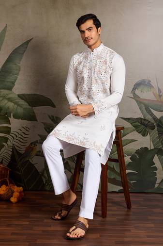 White viscose silk real mirror with thread & sequins embroidered work festival marriage party wear straight mens kurta