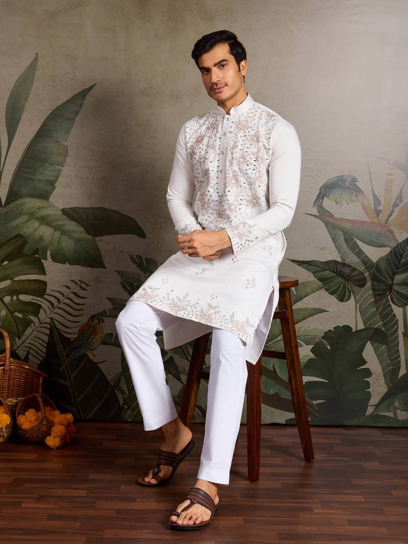 White viscose silk real mirror with thread & sequins embroidered work festival marriage party wear straight mens kurta