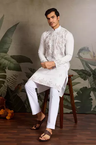 White viscose silk real mirror with thread & sequins embroidered work festival marriage party wear straight mens kurta